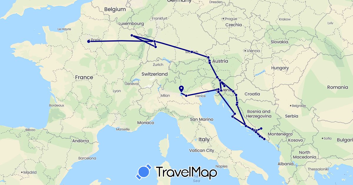 TravelMap itinerary: driving in Austria, Bosnia and Herzegovina, Germany, France, Croatia, Italy, Slovenia (Europe)
